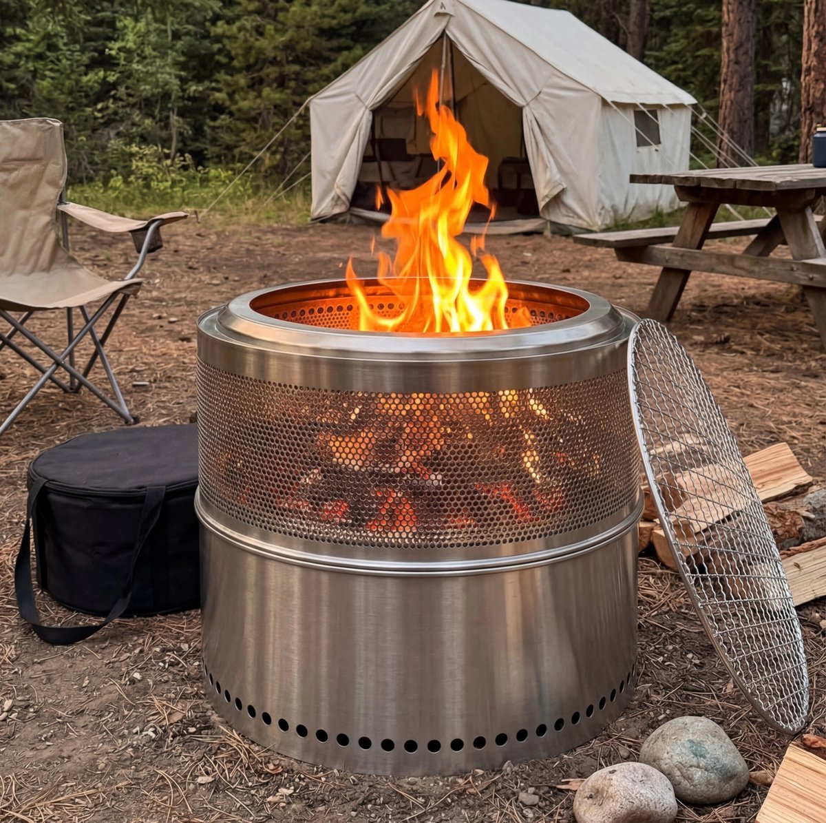 COVREO Rookloze vuurkorf van roestvrij staal – 50 cm – Draagbare vuurkorf voor buiten en bbq – 40 cm hoog – Silver