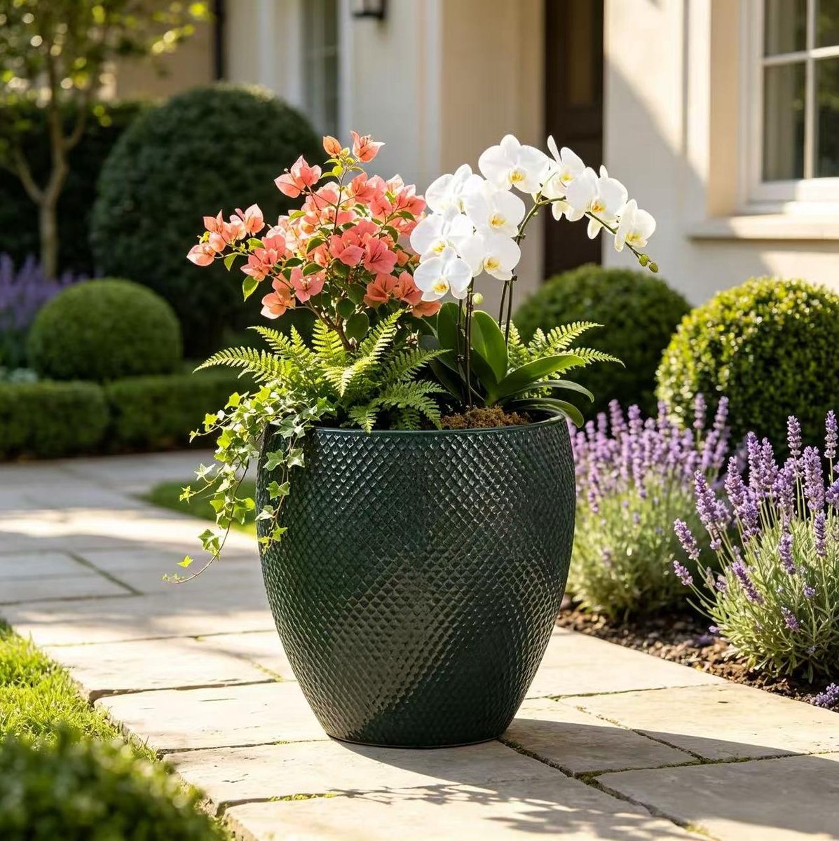 Bloempot – Groot 46 Cm Hoog 53 Cm – Keramiek Met Ruitreliëf – Donkergroen Mosgroen – Voor Tuin Balkon En Terras – Vorstbestendig
