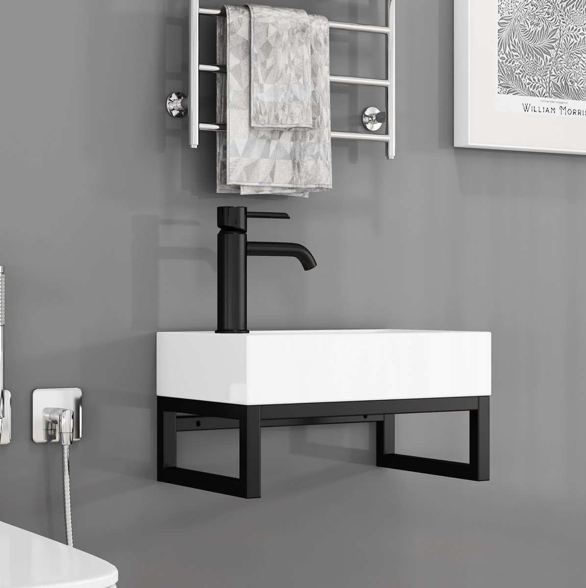 STILVORA Wastafel – Mini Wandmodel Met Overloop – 40 x 21 x 25 cm – Keramiek En Metaal – Mat Wit – Voor Gastentoilet En Badkamer
