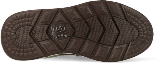 Zool van een donkerbruine sneaker met beige mesh en bruine suède details.