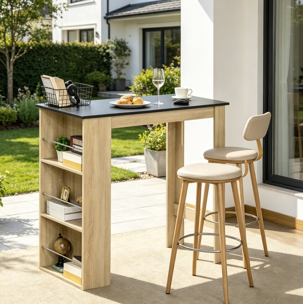 MODENUIT Bartafel - 3 Opbergplanken - Keuken En Bureau - Spaanplaat - Zwart En Eiken - 112x57x106 Cm