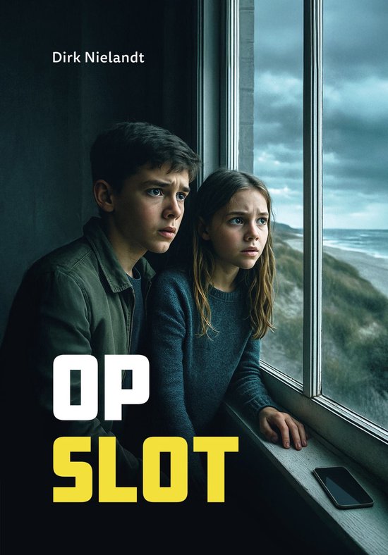 Boek 'Op slot' met op de cover twee kinderen die uit een raam naar de zee kijken. Dirk Nielandt.