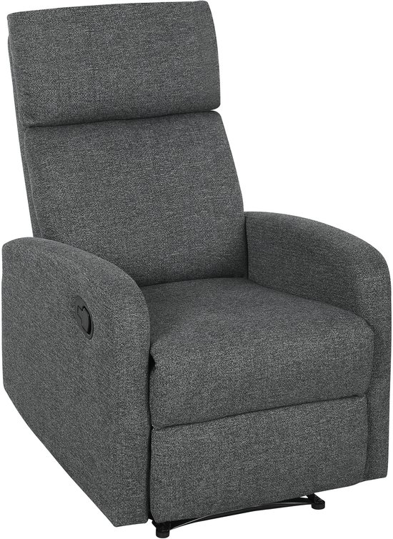 Grijze stoffen fauteuil met hoge rugleuning, volledig rechtopstaand.