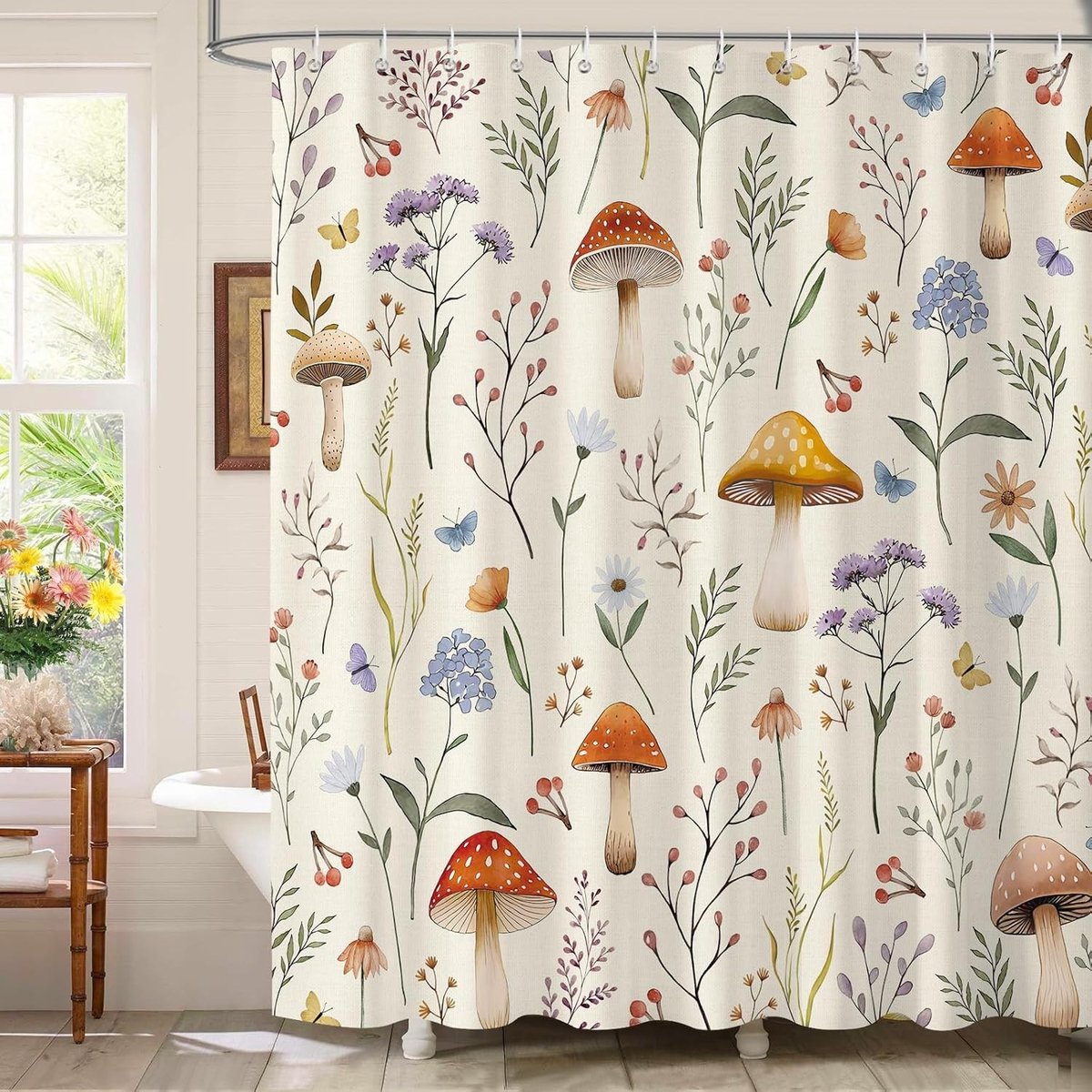 Kleurrijke Paddenstoel Douchegordijn 180 x 180 cm, Boho Bloemen en Bladeren, Waterdicht en Schimmelbestendig met 12 Haakjes voor Badkamerdecoratie