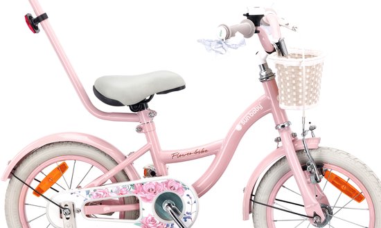Flower Bike Fiets voor een meisje van 3 tot 5 jaar, 14 inch Roze, met fietsbel, zijwieltjes, duwstang en stuurmandje van Flower Bike — afbeelding 3
