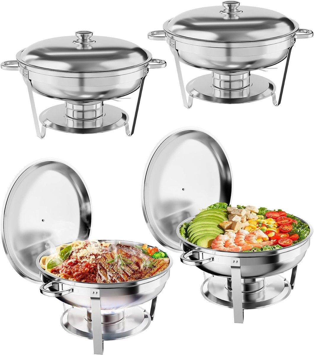 Chafing Dish Set van 4 - 5 Liter Ronde RVS Buffet Warmhouders - Complete Warmhoudschaal Set voor Catering, Bruiloft, Feest & Horeca - RVS Chauffe-Plat met Brandpasta Houder