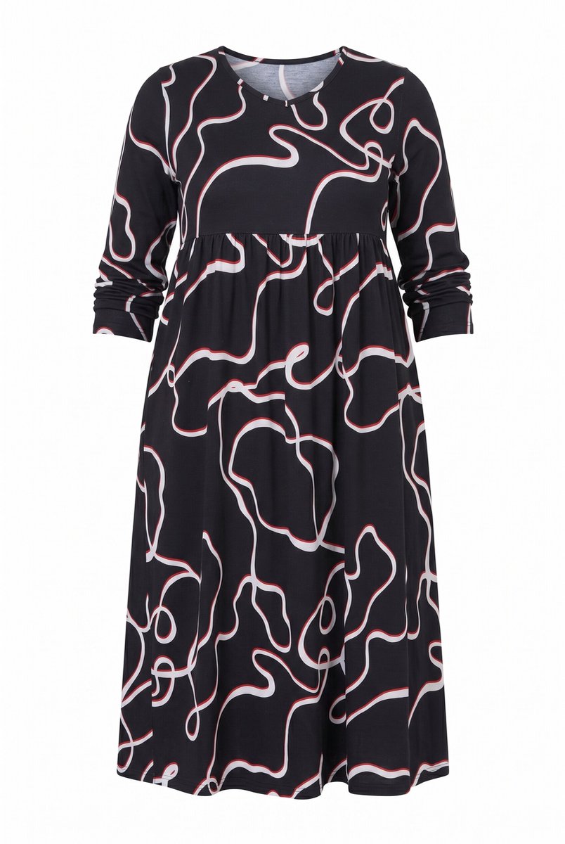 Ulla Popken - Dames - Maxi-jurk met motief A-lijn V-hals lange mouwen - Zwart - Maat 50+