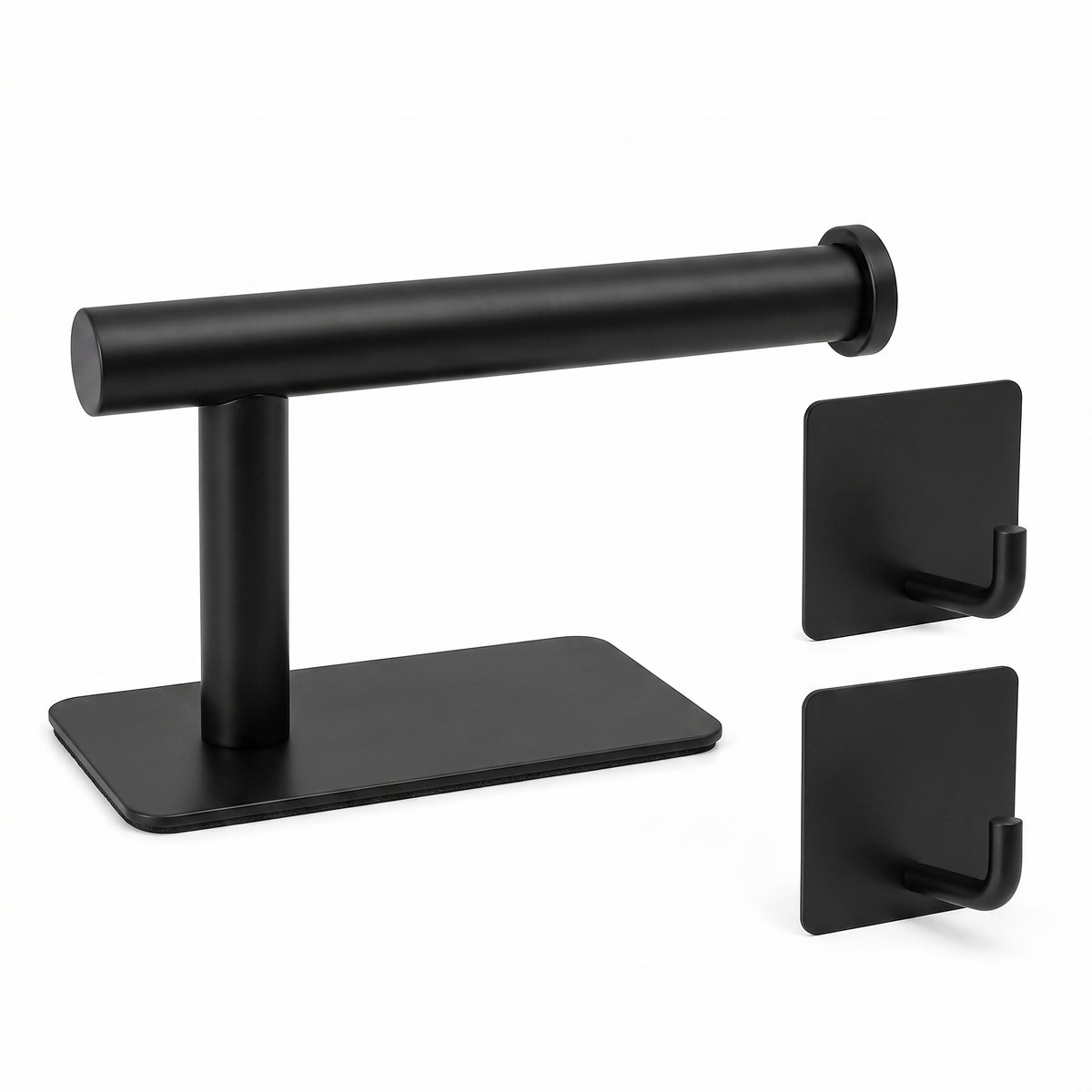 Toiletrolhouder Zonder Boren - RVS WC-Rolhouder Zelfklevend - Inclusief 2 Handdoekhaken - Zwart- RVS Badkamer Accessoires Set