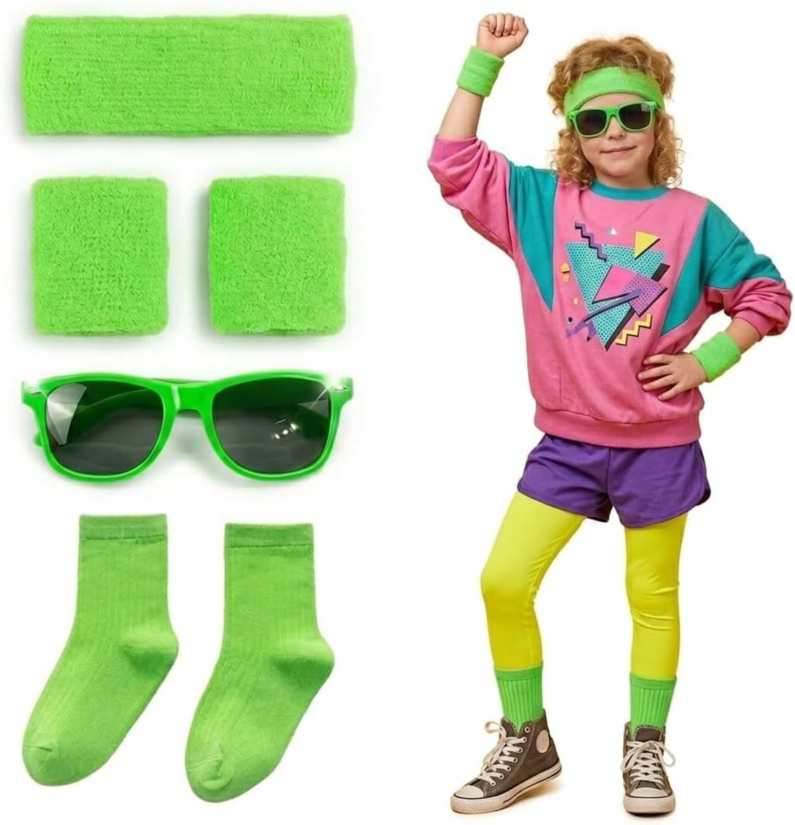 Kostuum jaren 80 voor kinderen, neonsokken, neon armbanden en hoofdbanden voor themafeesten en carnaval, kleurrijke accessoires voor jongens en meisjes