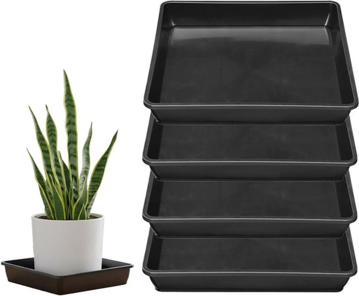 Vierkante Plantenschotel Set van 4 - Kunststof Lekbak voor Planten - Weerbestendig - Wateropvang - Vloerbescherming - Stapelbaar - Makkelijk te Reinigen - Voor Binnen en Buiten