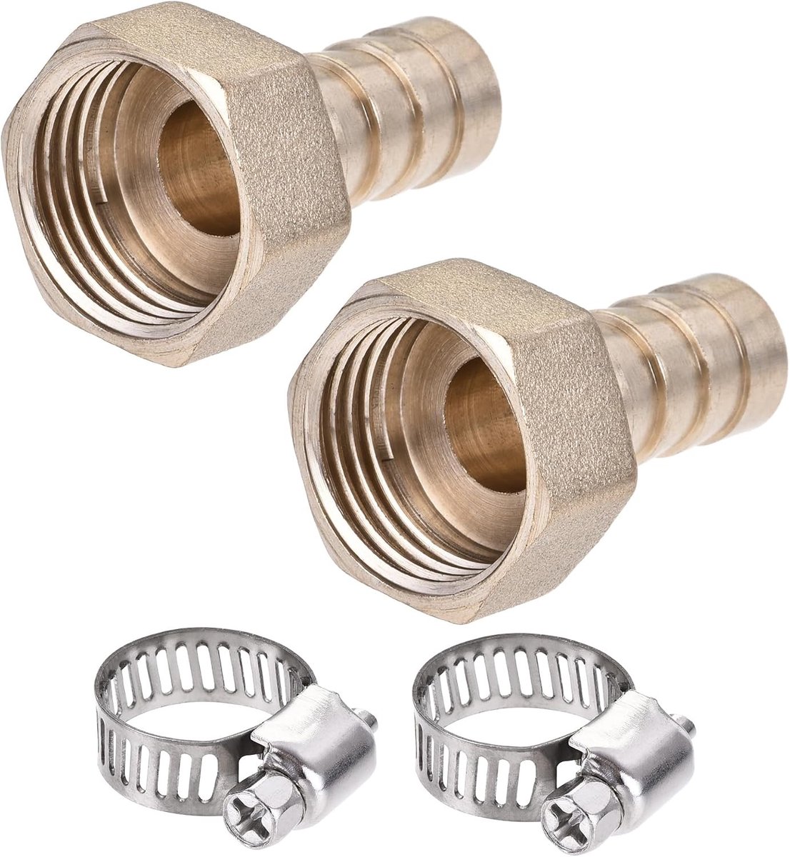 Set van 2 Messing Barbed Hose Fittings met Slangklem, Geschikt voor Water en Brandstof (12mm Barbed x G1/2 Vrouwelijk)
