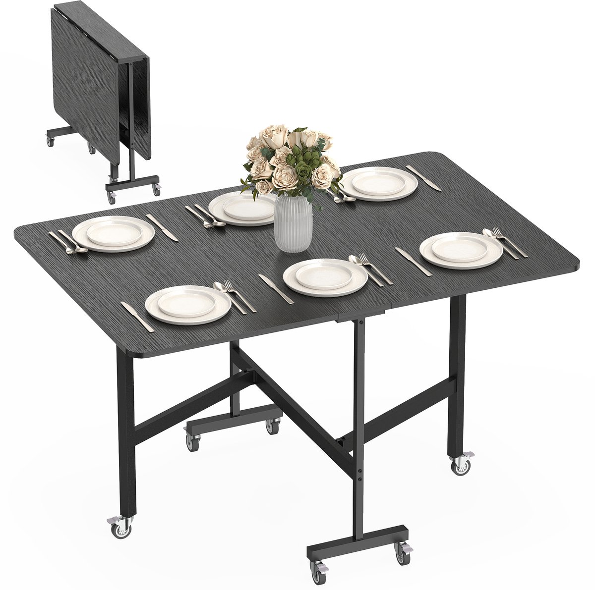 Homcom Eettafel opklapbaar met wielen - Klaptafel - Uitschuifbare eettafel - Keukentafel - Zwart