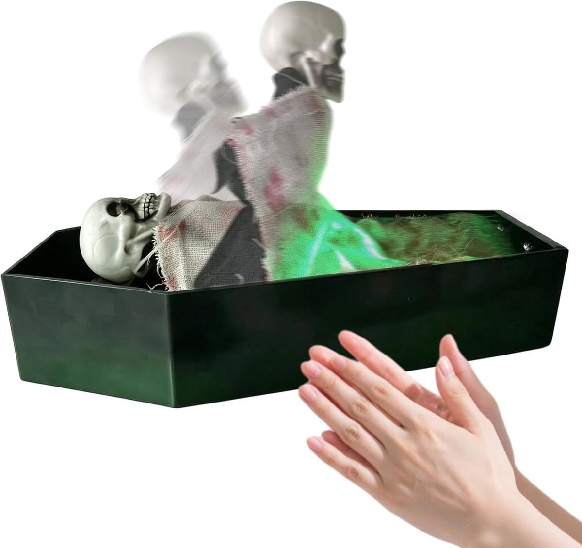 KZQ Halloween Decoration – Sound-Activated Coffin Skeleton Prop – Features Spooky Sound Effects and Lights – Ideal for Party Tabletop Decor or as a Gift