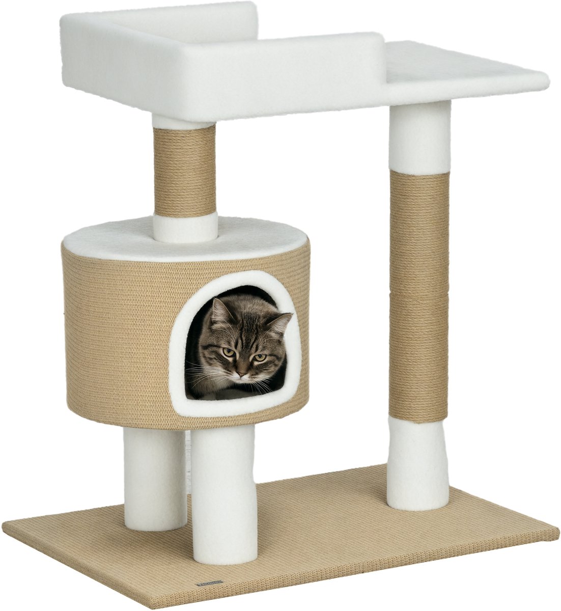 PawHut Kratzbaum 79 cm Kleiner Katzenbaum mit Katzenhöhle, Katzenkratzbaum mit Liegefläche, Jute-Kletterbaum für Katzen bis zu 8 kg, Katzenmöbel, Braun, Weiß, Kaschmir-Imitat