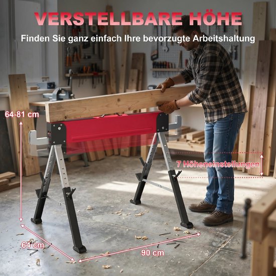 HOMCOM Zaagbokken-Metaal, EVA-116L x 64B x 64-81H cm-Rood van HOMCOM — afbeelding 5