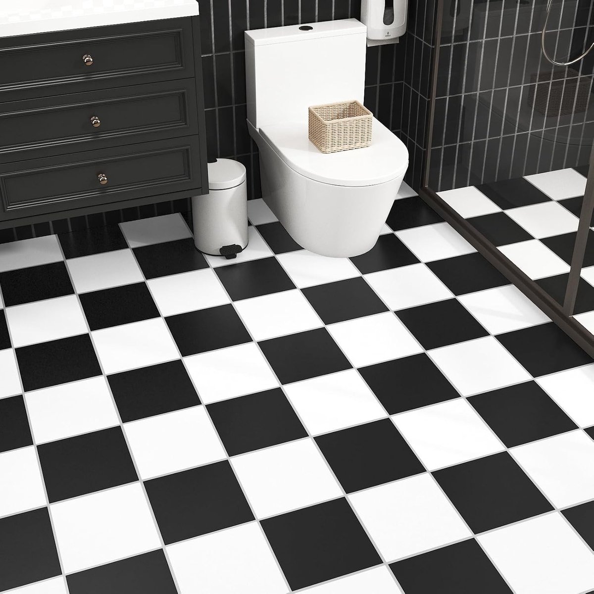 Set van 12 Zelfklevende Vinyl Tegels, Zwart-Wit, Geschikt voor Keuken en Badkamer, Duurzaam en Wasbaar, 30 x 30 cm, Tegelstickers, Vloerbedekking, Interieurdecoratie