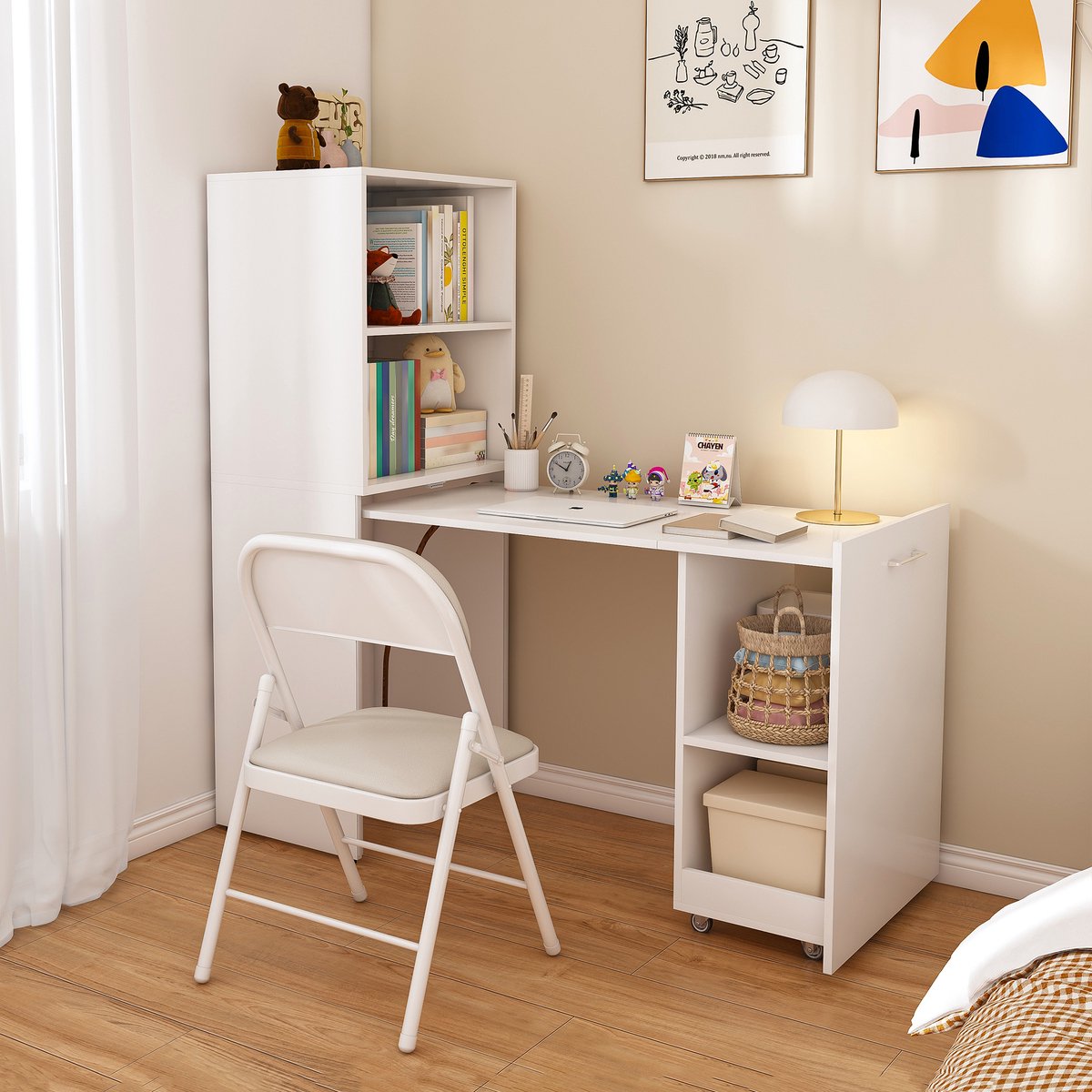 Bureau tafel vertelbaar - Uitschuifbaar Bureau - Bureautafel - Bureautafel voor volwassenen - Bureautafel wit - Bureau tafel vertelbaar - Kluisje - Computerbureau - 136x126x55 cm - Moderne stijl