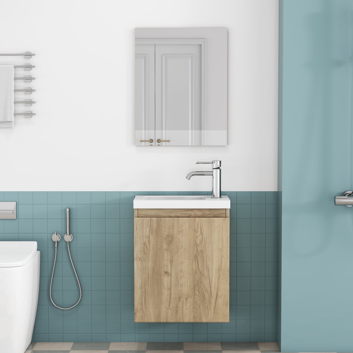 REDOM - 40 cm grifflos wandmontierte Badkamerkast met spiegel, keramieken wasbak & Oak houtstructuur design