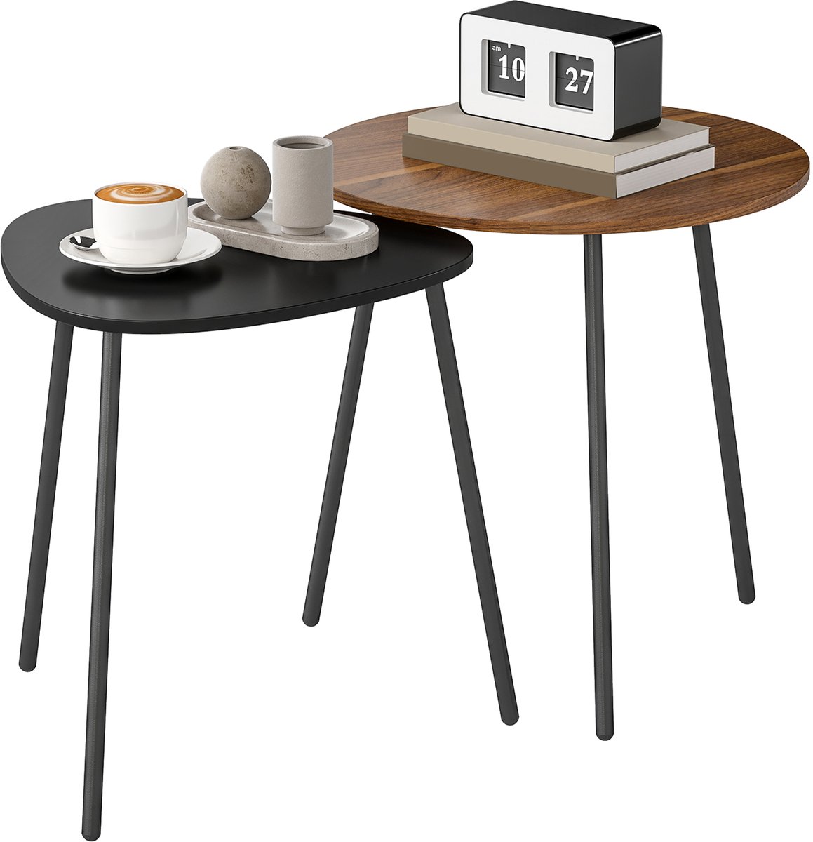 Set van 2 nest salontafels - eigentijds - rond en driehoekig - walnoot & zwart