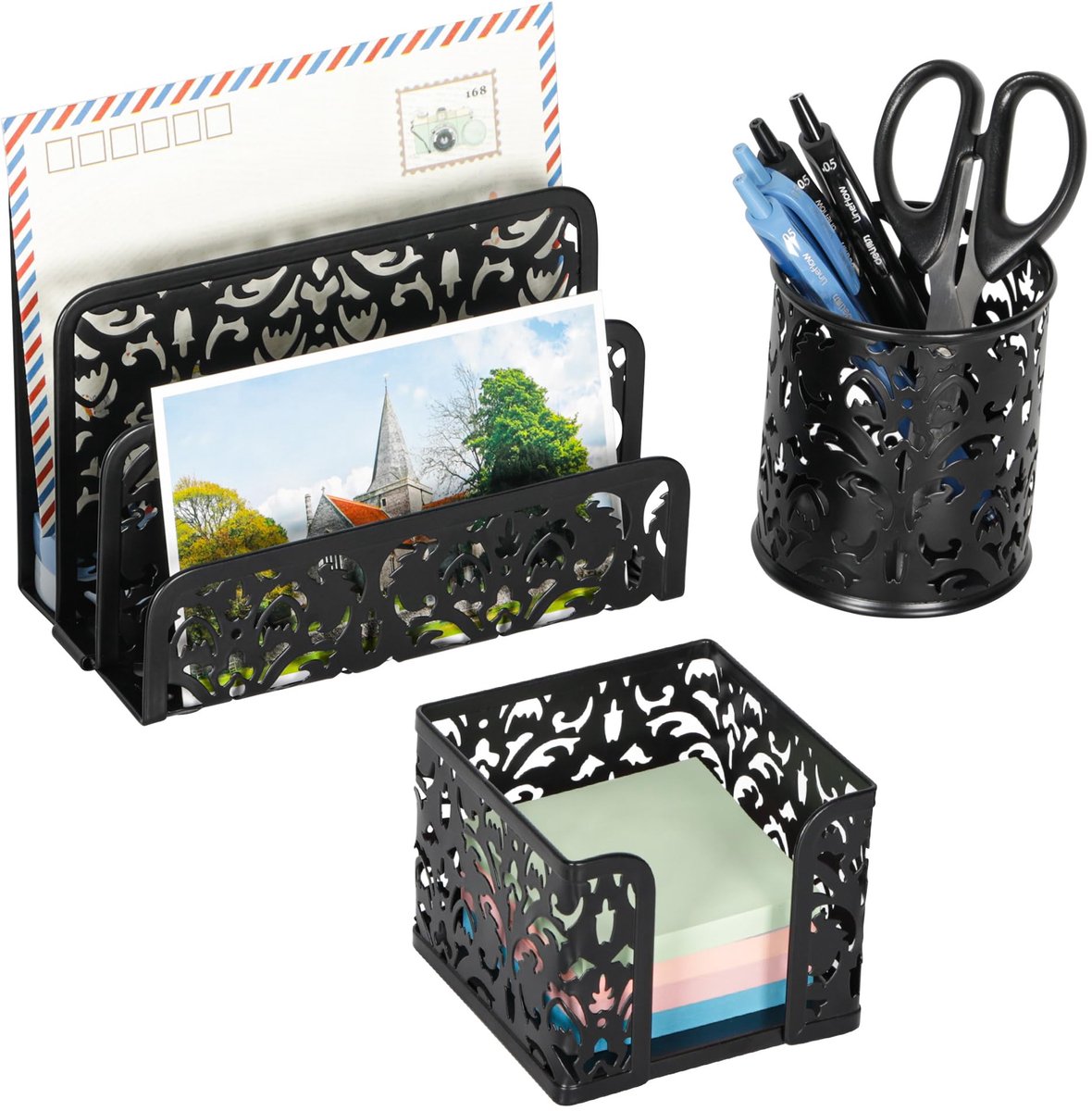 Bureau organizer 3 in 1 - zwart - gesneden holle bloem patroon - perfecte opbergruimte voor kantoor - ShopVlot
