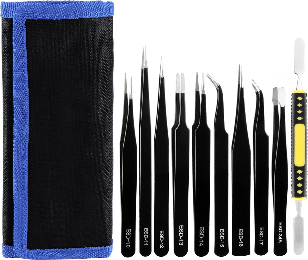 Precisie Antistatische RVS Pincetten Set van 10 Stuks met Brechstange Toolkit voor Elektronica, Sieraden en Medisch Gebruik
