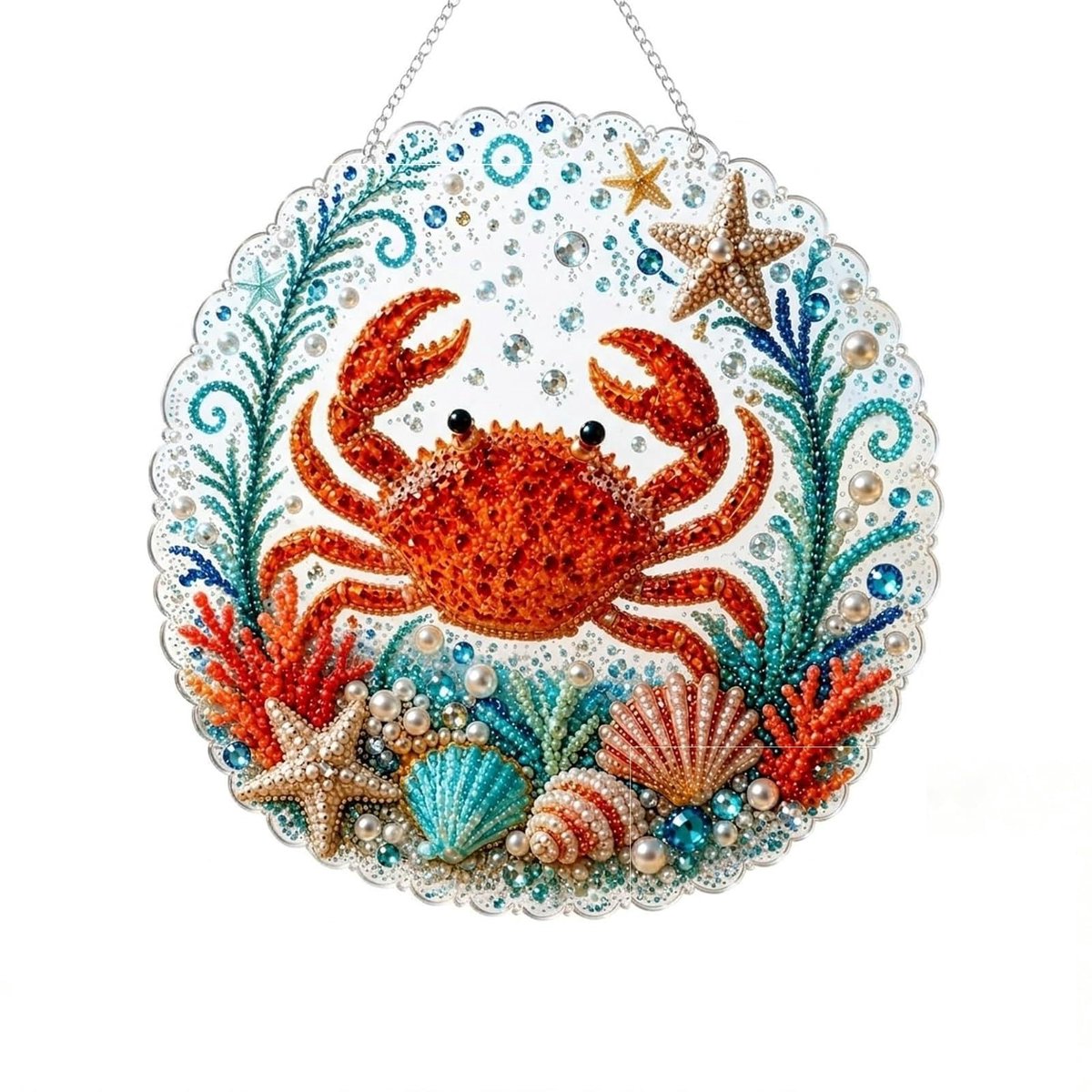 Casalora® Diamond Painting Oceaanhanger – 5D Acryl Zeedecoratie – Krab – Enkelzijdige DIY Set met Parels en Speciale Vorm Diamantjes – Oceaan Raamdecoratie – 20 × 20 cm
