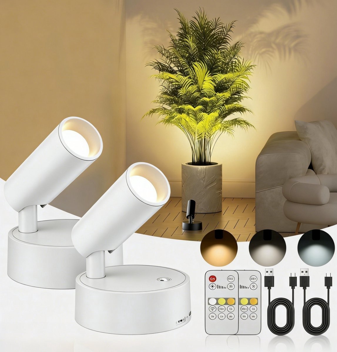 Casalora® 4000mAh accu-wandlamp, spotlight, set van 2 met timer, 3 kleuren, dimbaar, wandspot met touch-afstandsbediening, 350 graden draaibare oplaadbare wandlamp voor binnen, decoratie voor