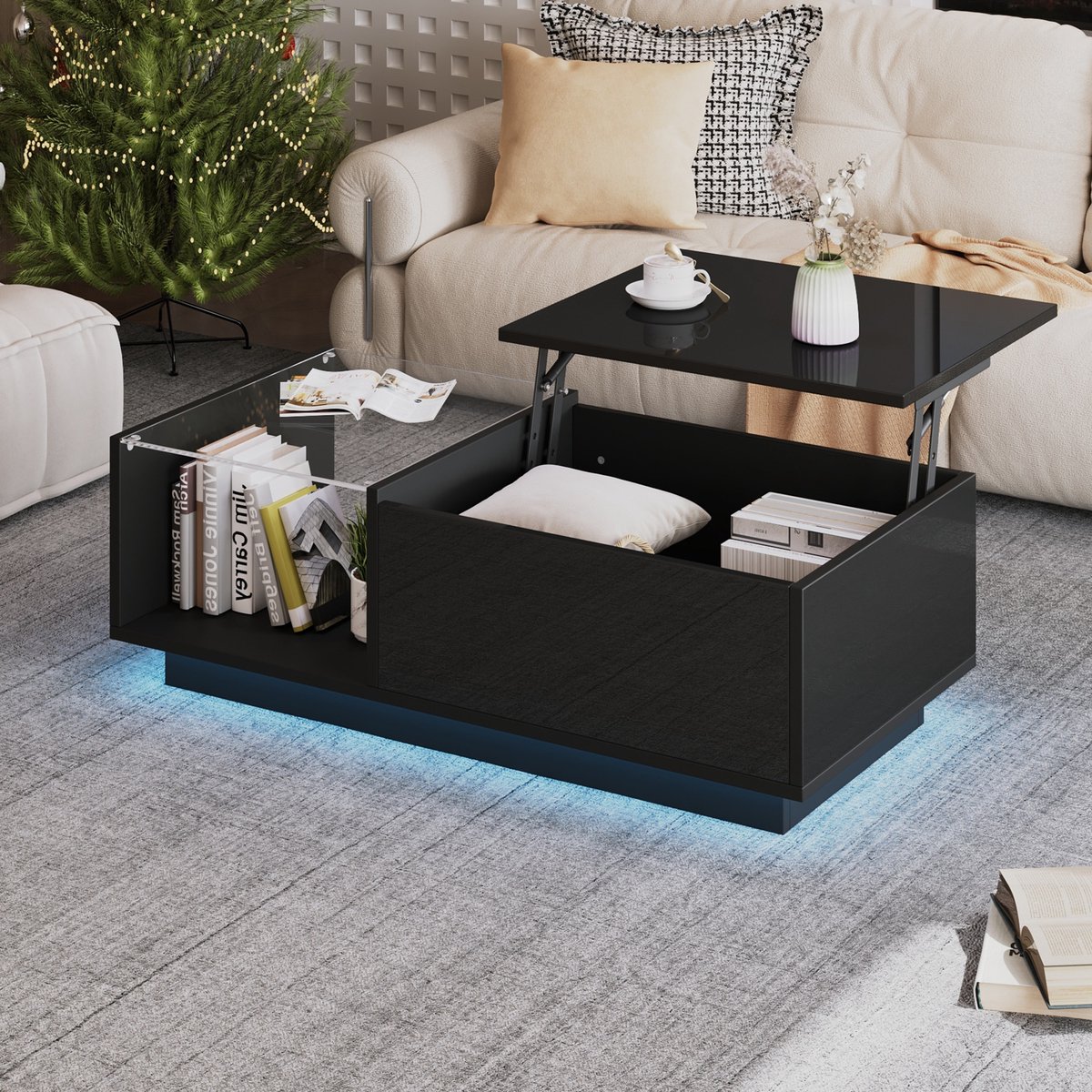 Sweiko Salontafel - Hoogglans - LED verlichting - In hoogte verstelbaar - Opbergplank - Zwart