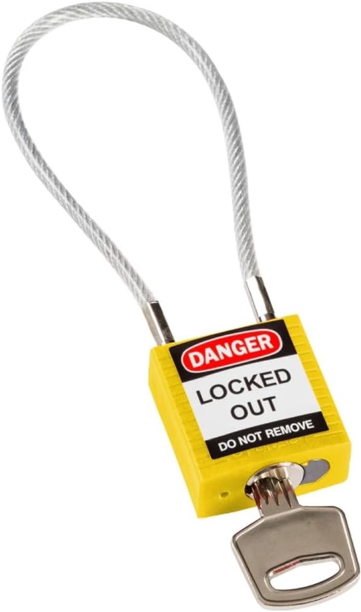 Lockout tagout set - Geel - 32 mm x 116 mm - Nylon behuizing met stalen kabel - Veiligheidshangslot