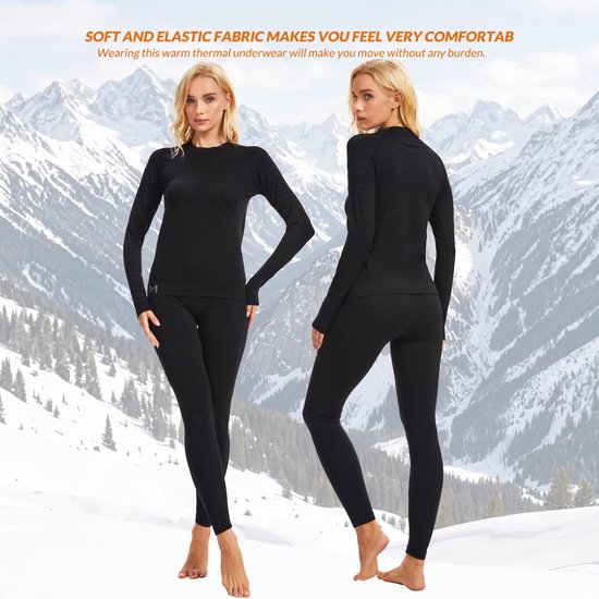 Model in zwart thermisch lang shirt en legging, van voren en van achteren getoond.