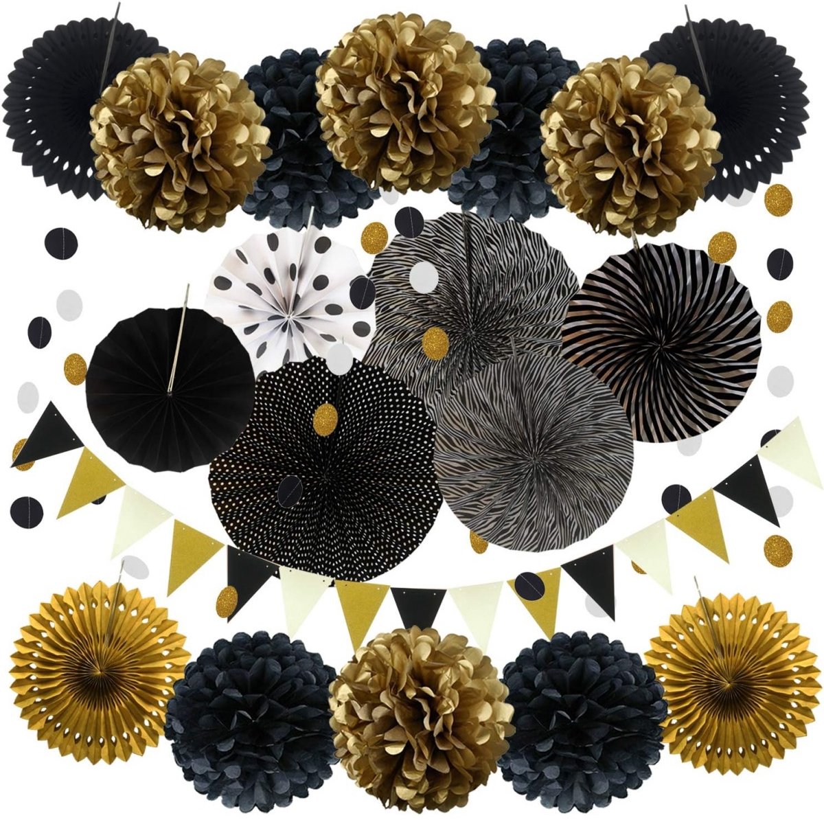 Feestdecoratie Set - Zwart Goud - 20 Stuks - Papieren Waaiers - Papierbloemen - Hangdecoratie - Slingers en Vlaggenlijn - Verjaardag - Feest en Party