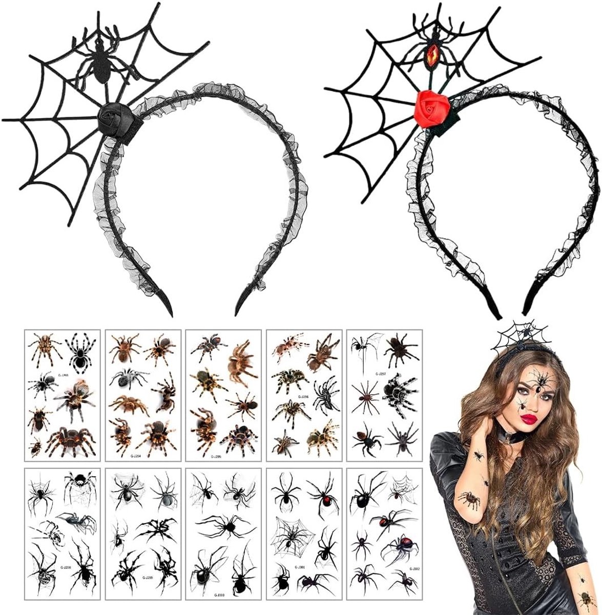 Halloween Haarbanden met Spinnenweb Motief voor Meisjes en Vrouwen + 10 Stuks Spinnen Tatoeages voor Kostuum en Feestdecoratie