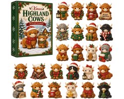 highland cow kerst adventskalender 2026 - 24 stuks - bruin wit zwart - acryl materiaal - 5cm - hoogland koe kerst hangornamenten - kerst aftelkalender - kerstboom decoratie - geschikt voor kerstfeest en cadeau
