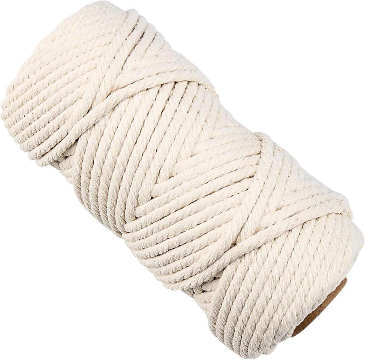 Natuurlijke Katoenen Touw van 50m x 6mm, Driedraads Gedraaid Touw voor Macramé, DIY Projecten en Plantenhangers, Ongebleekt Katoen in Beige