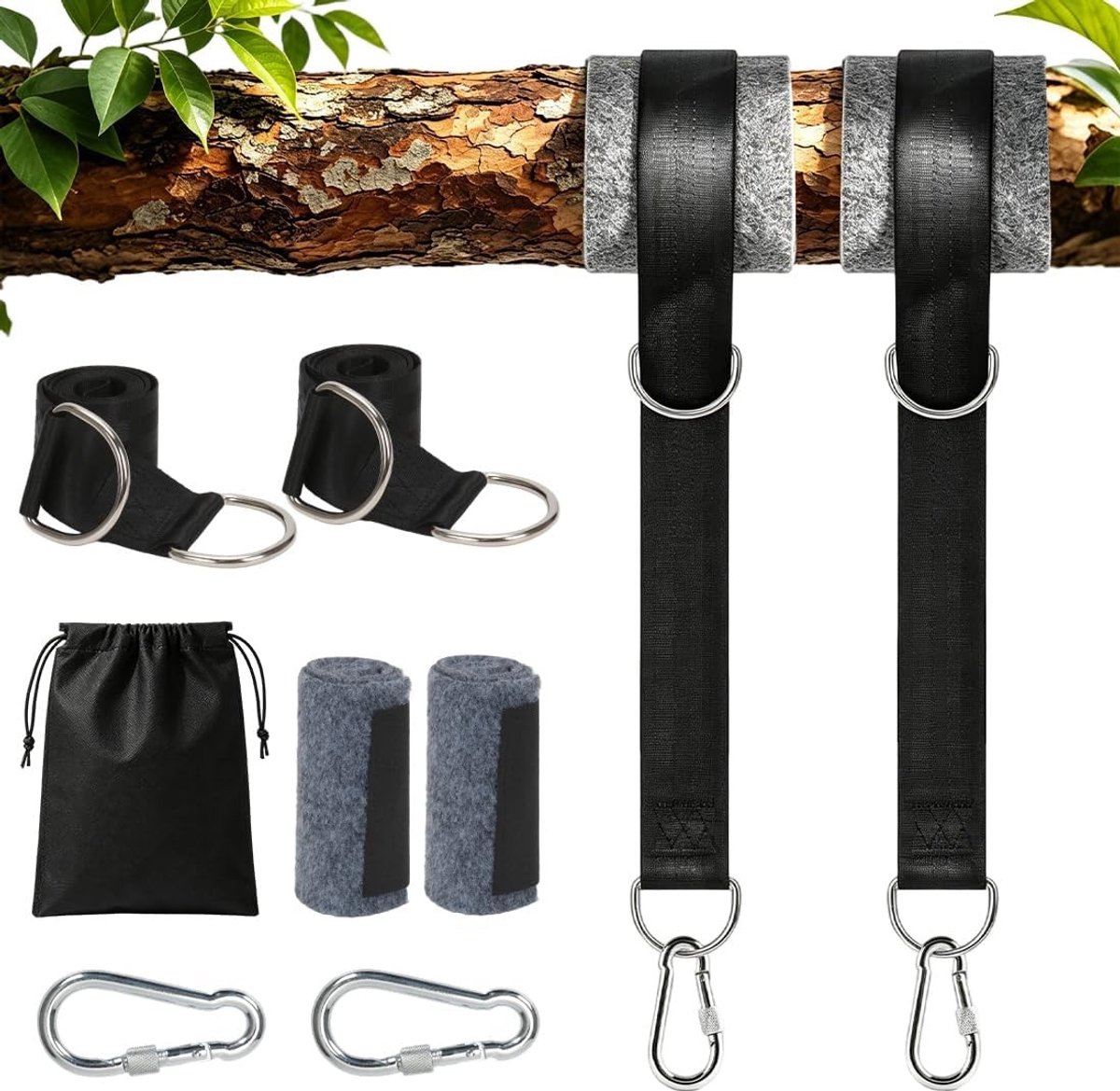 Swing Outdoor Bevestigingsset voor Hangmatten - Inclusief 150 cm Hammokriemen, Karabiners, D-Ringen en Opbergzak - Ideaal voor Buitengebruik en Tuinactiviteiten