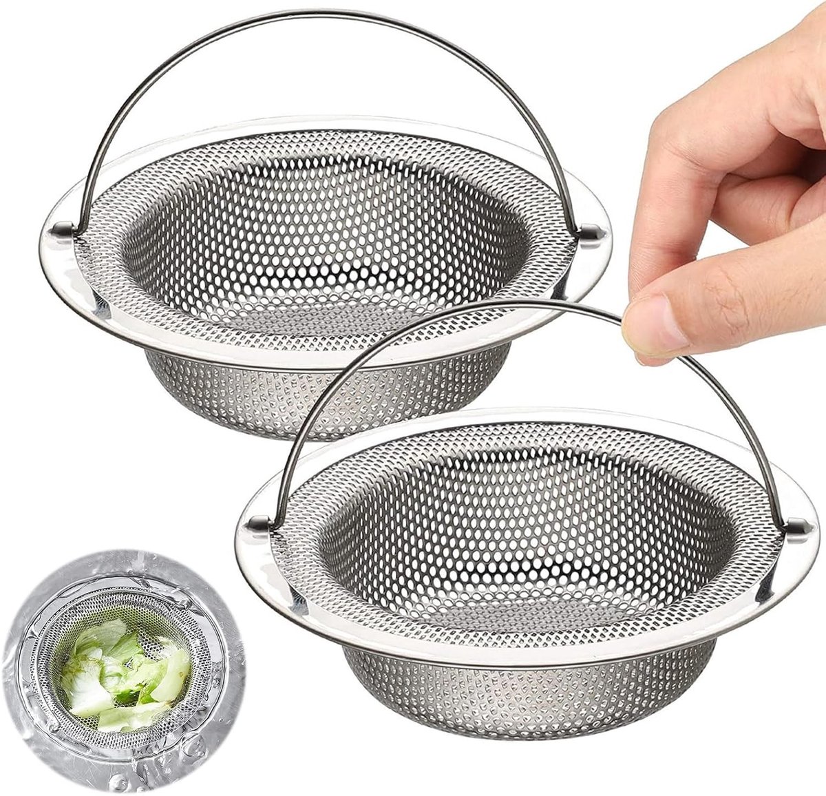 2-Pack RVS Afvoerzeef voor Keuken, Grote Anti-Verstopping Afvoerfilter met Handvat, 7.5 cm en 11 cm Diameter, Voedselvanger en Afvoeraccessoire voor Eenvoudig Gebruik