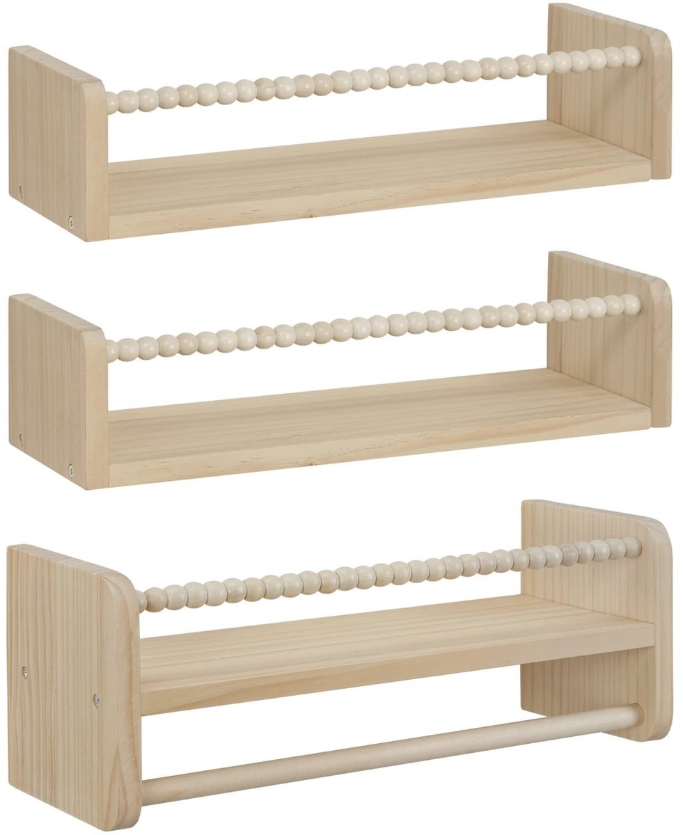 Klarven Zwevende Wandplank 60x15x14cm - Montessori Boekenkast - Zwevende Kast, Ruimtebesparend, Rand Valbescherming, Draagkracht 20 kg per Schap - Set van 3 - B 40 x H 15 x D 14 cm natuurlijk hout