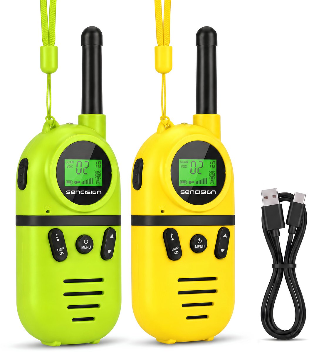 Sencision Walkie Talkie voor Kinderen Oplaadbaar - Portofoon - Walkie Talkie Oplaadbaar - Set van 2 - Tot 5 km Bereik - Zaklamp - Groen/Geel