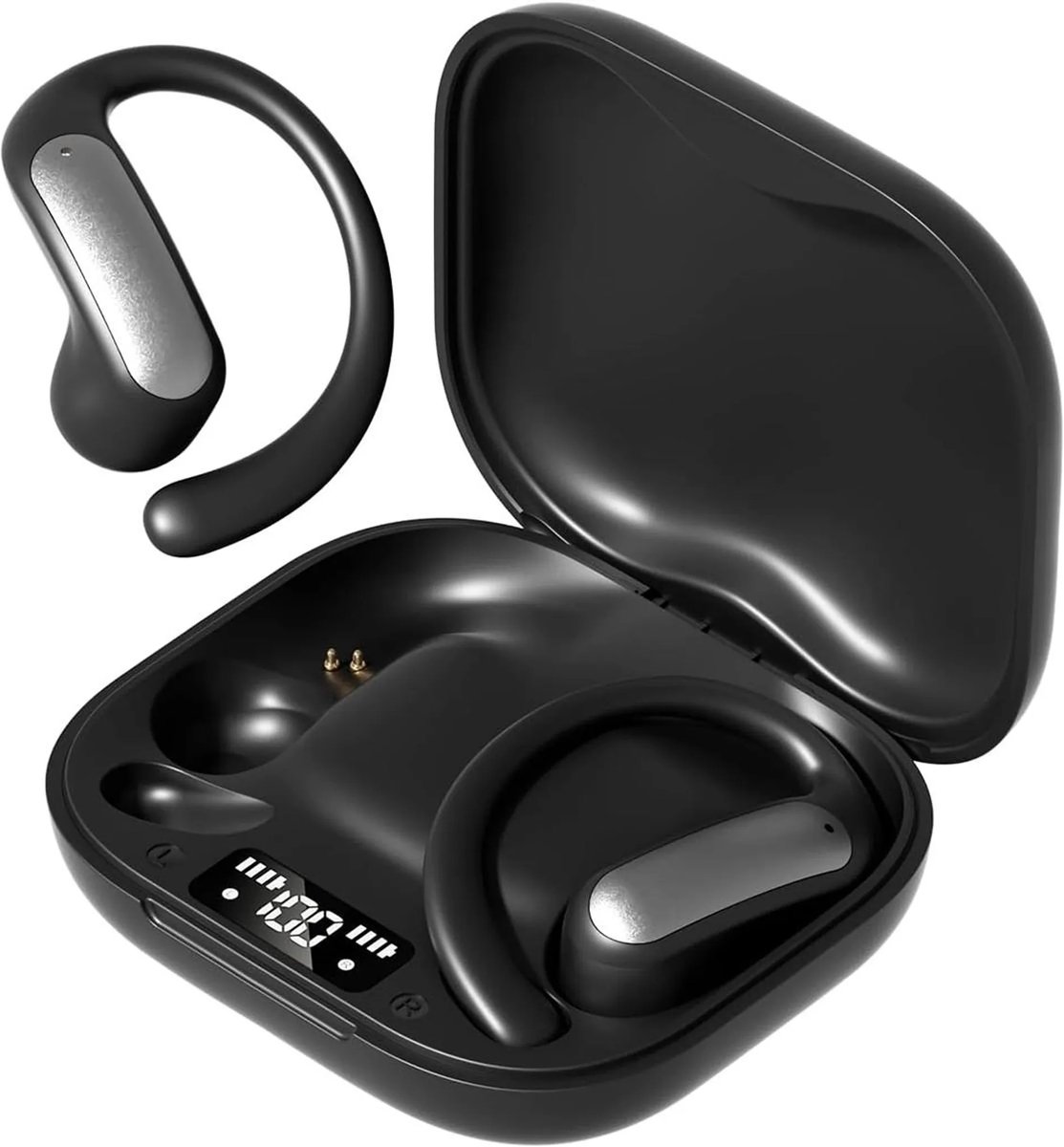Bluetooth sportoortjes met oorhaakjes, 32 uur batterijduur, draadloos in-ear ontwerp, veilige pasvorm, stereogeluid, geschikt voor hardlopen, fitness en sport.