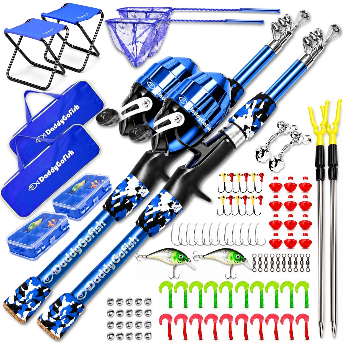 DaddyGoFish Kinderhengel: telescopische stang en haspel combo met inklapbare stoel, hengelhouder, tackle box, aasnet - ShopVlot