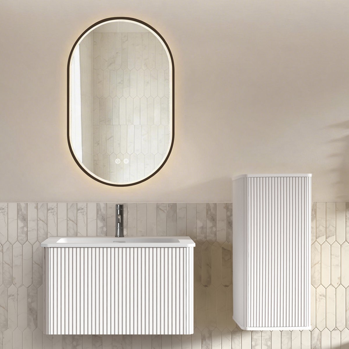 REDOM - Badkamer inrichting Set met Waschbecken, LED Spiegel en Seitenschrank - Wit - 80cm Breed