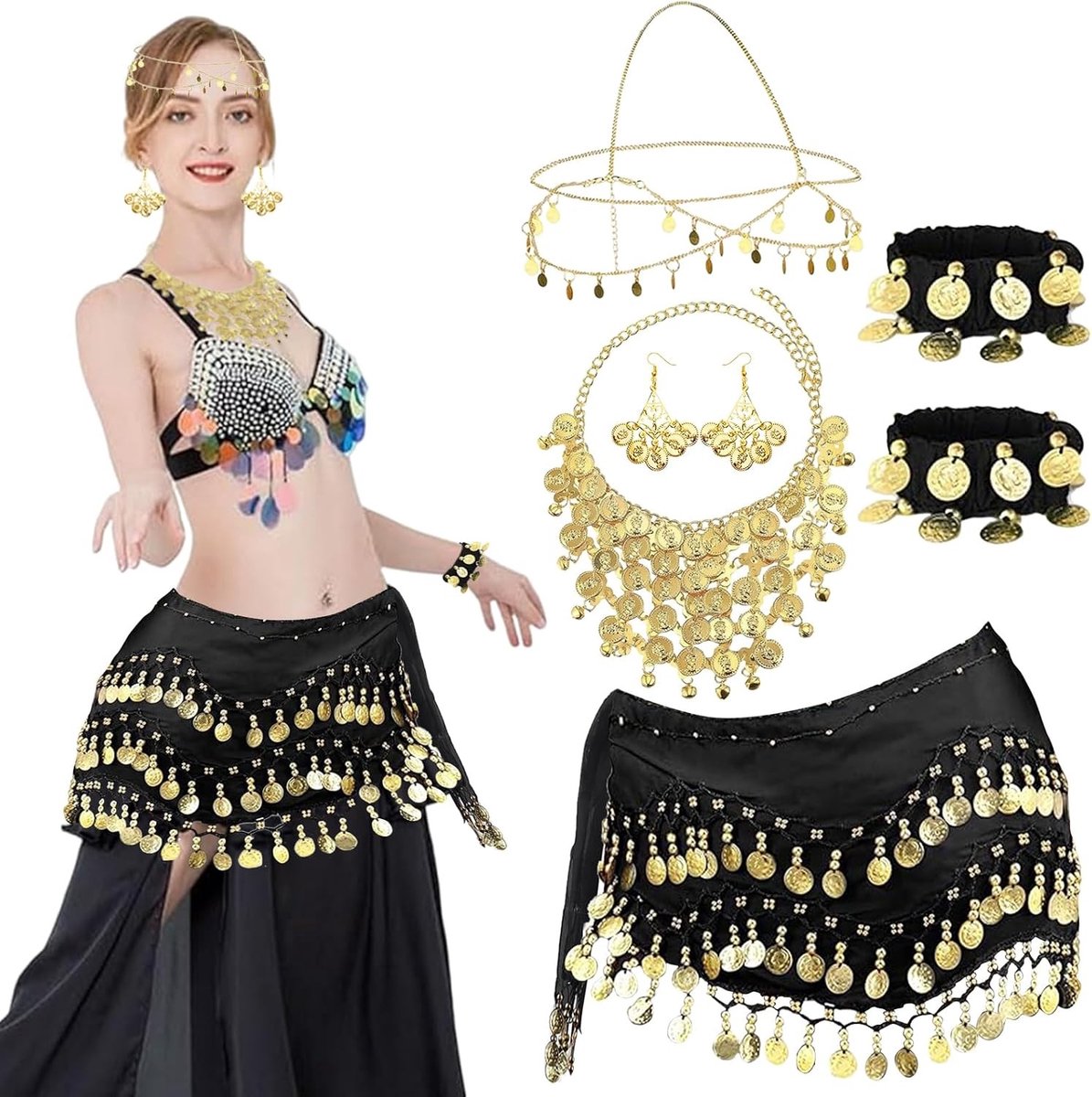 Bellydance accessoires voor vrouwen, 7-delige kostuumset met heupdoek, sieraden en headdress voor dans en carnaval