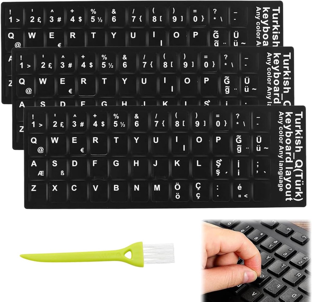 Stickers voor desktop toetsenbord met matte zwarte achtergrond en witte letters, inclusief reinigingsborstel voor PC en laptop