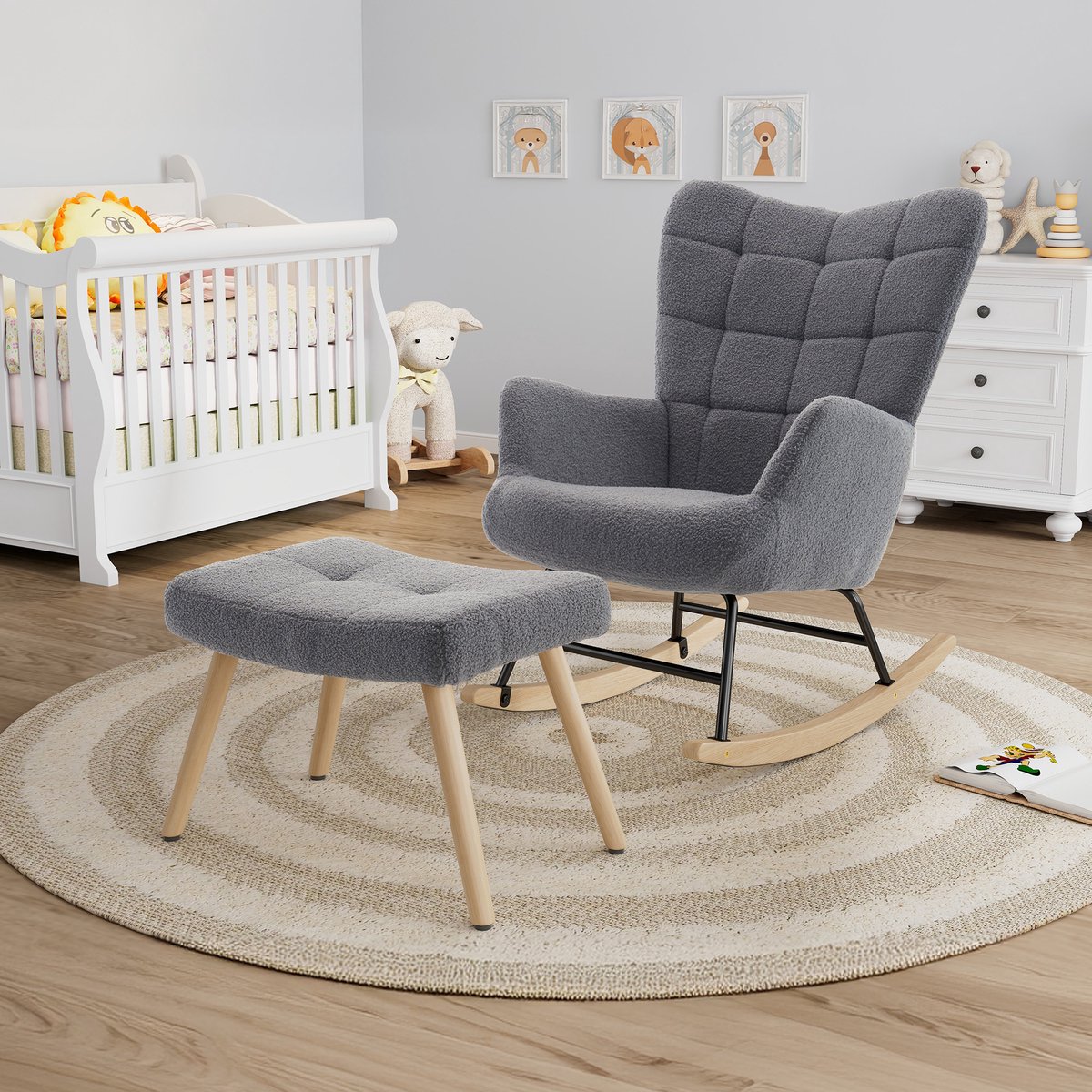 HAUSS SPOLE Schommelstoel - Schommelstoelen babykamer - Met kussen - Relaxstoel - Fauteuil - Voedingsstoel - Roomwit - met bijpassende voetenbank - Grijs