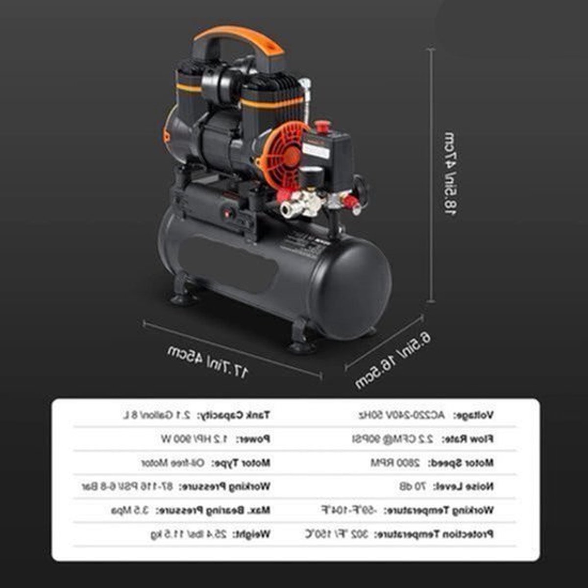 Stille Olievrije Luchtcompressor - Luchtcompressor - Luchtcompressor Bandenpomp - 70dB Geluidsarm - 2,1 Gallon - Draagbare - voor Banden - Spuitwerk - Gereedschap