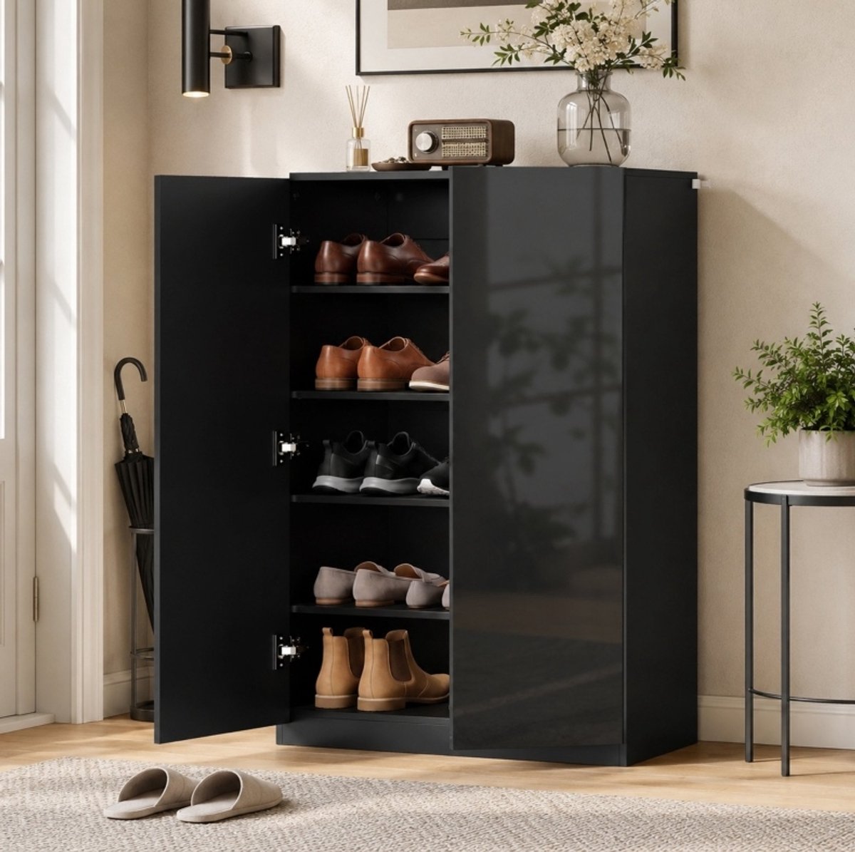 MIVRAY Schoenenkast - Hoogglans Zwarte Kast Met 5 Lagen En Verstelbare Planken - Voor Hal En Entree - MDF - 72x34,5x103 Cm
