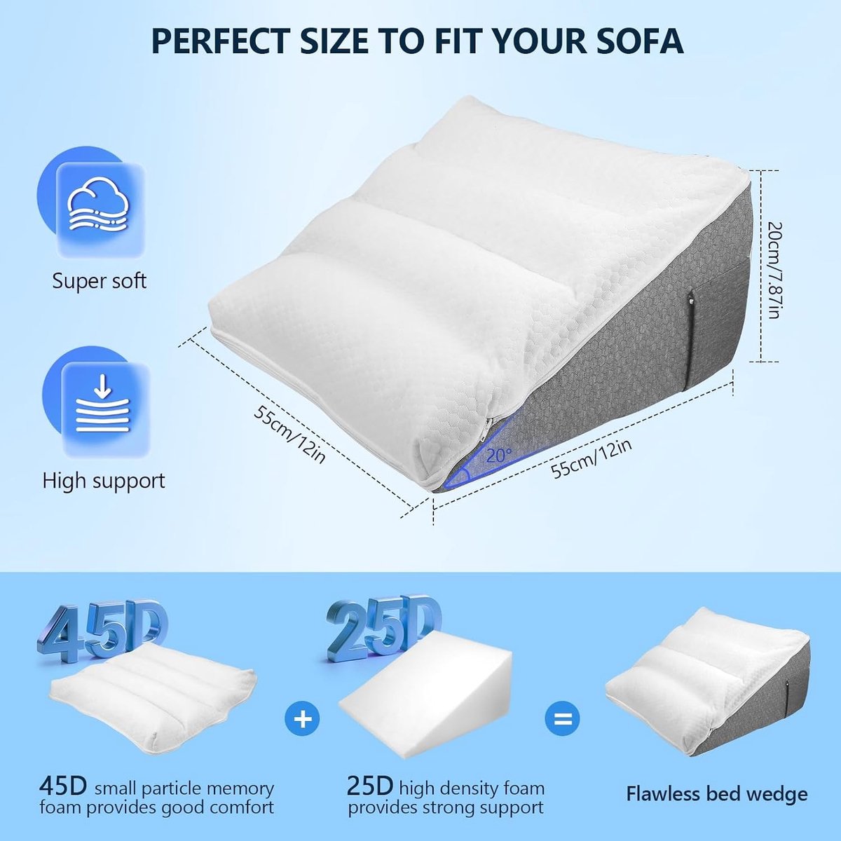 Wigkussen bed - Wit - 55 x 55 x 25 cm - Ergonomisch traagschuimkussen voor rug- en nekondersteuning