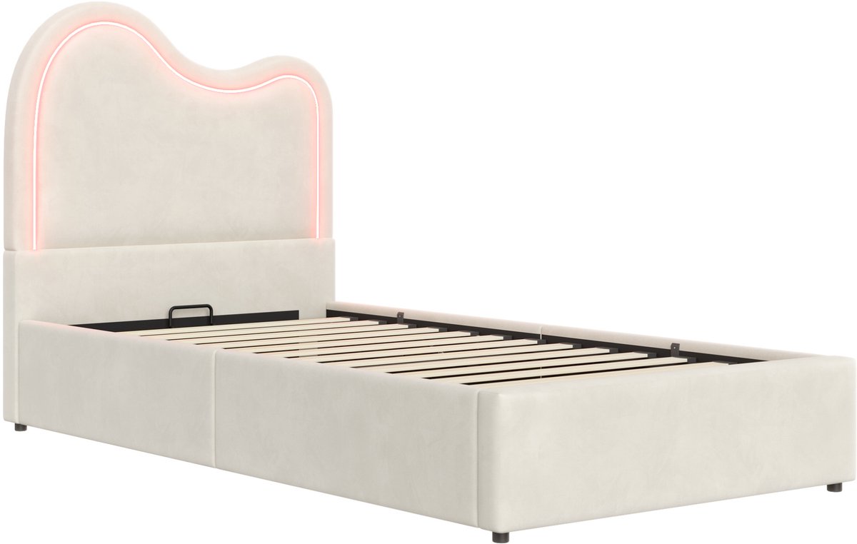 REDOM - Kinderbed - Hydraulische opbergruimte - Met lattenbodem en LED-lichtstrip - Golvend wolkvormig hoofdbord - Stof - Beige - 215 x 97,5 x 107 cm