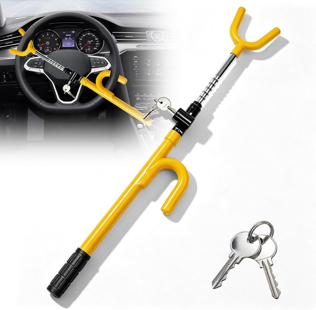 Steering Lock met 3 Sleutels, Universele Stuurklem voor Auto, RV en Bus, Anti-Diefstal Beveiliging, Stuurbeveiliging en Immobiliser in Geel