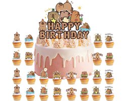 25-delige verjaardagstaartdecoratie met Happy Birthday cake topper en 24 cupcake toppers, schattige Capybara thema voor kinderfeestjes en verjaardagen